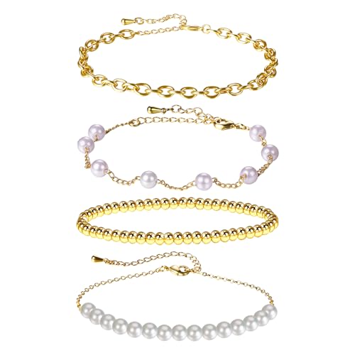 Cupimatch 4 Stück Armband Damen: Elegant 14K Vergoldete Perlen Armkette Set Stapelbare Gliederarmband Verstellbare Kugelkette minimalistisch Armreif Modeschmuck Geschenk Für Frauen Mädchen, Gold von Cupimatch
