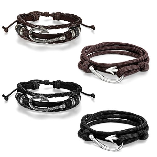 Cupimatch 4PCS Herren Lederarmband Set, Geflochten Angelhaken Haken Punk Rock Manschette Kordelkette Armband, Verstellbaren Größen, Nylonseil Leder Legierung, schwarz von Cupimatch