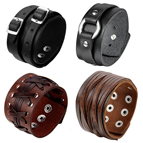 Cupimatch 4PCS Herren Retro Breites Lederarmband, Geflochten Punk Rock Manschette Druckknopf Armband Set, Verstellbaren Größen, Leder Legierung, Braun schwarz von Cupimatch