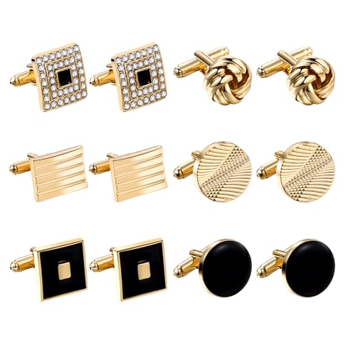 Cupimatch 6 Paar Manschettenknöpfe Set: Herren Edelstein & Kristall Hemdenknöpfe in Verschiedenen Designs Knoten/Quadrat/Rund Hochzeit Geschäftsanzug Jubiläum Geschenk für Männer Vater Freund von Cupimatch