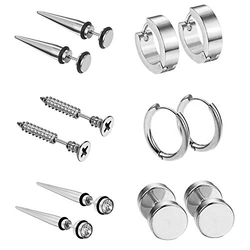 Cupimatch 6 Paare Creolen Ohrringe Ohrstecker Silber Herren Damen Edelstahl Schrauben Ohrringe Niet Spike Ohrpiercing Fake Plug Punk Rock Ohrschmuck von Cupimatch