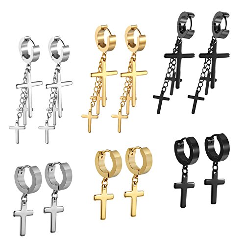 Cupimatch 6 Paare Edelstahl Ohrstecker Ohrringe Ohrschmuck Modeschmuck mit Kreuz Ohranhänger für Damen Herren, Silber Schwarz Gold von Cupimatch