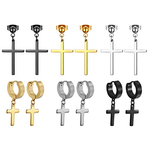 Cupimatch 6 Paare Kreuz Ohrringe Herren Damen Creolen Ohrstecker mit Anhänger Piercing Ohr Schmuck, Silber Gold Schwarz von Cupimatch