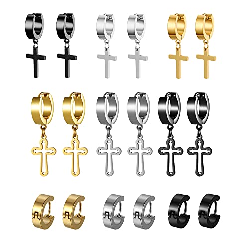 Cupimatch 9 Paare Kreuz Creolen Ohrringe Herrren Damen Edelstahl Kreuzanhänger Baumeln Ohrpiercing Punk Rock Tunnel Fake Plug Ohrstecker Ohrschmuck schwarz silber gold von Cupimatch