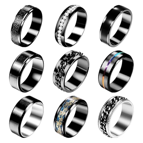 Cupimatch 9 Stück Herren Ringe: Silberne Edelstahl Poliert Fingerringe Set Modische Bandringe mit Zirkonia/Regenbogen Vintage Gothic Stapelbare Männerringe Breit 0,6/0,8cm Geschenk für Männer Größe 65 von Cupimatch