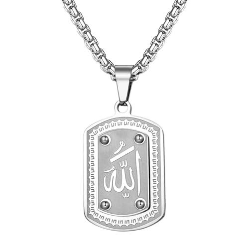 Cupimatch Muslimische Allah Halskette Herren: Edelstahl Arabische Kalligraphie Anhänger Muslimische Dogtagkette mit Nieten Islamische Erkennungsmarke Ramadan Eid Schmuck für Männer Frauen, silber von Cupimatch