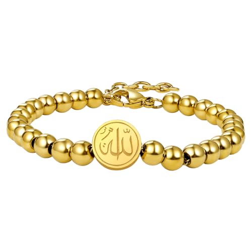Cupimatch Allah Perlenarmband Islamisches Armband: Edelstahl Religiöse Gebetskette mit Halbmond Symbol Glaube Kugelarmband Verstellbare Länge 18-22cm Ramadan Eid Schmuck für Männer Frauen, Gold von Cupimatch