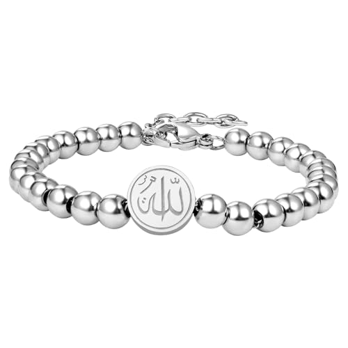 Cupimatch Allah Perlenarmband Islamisches Armband: Edelstahl Religiöse Gebetskette mit Halbmond Symbol Glaube Kugelarmband Verstellbare Länge 18-22cm Ramadan Eid Schmuck für Männer Frauen, Silber von Cupimatch