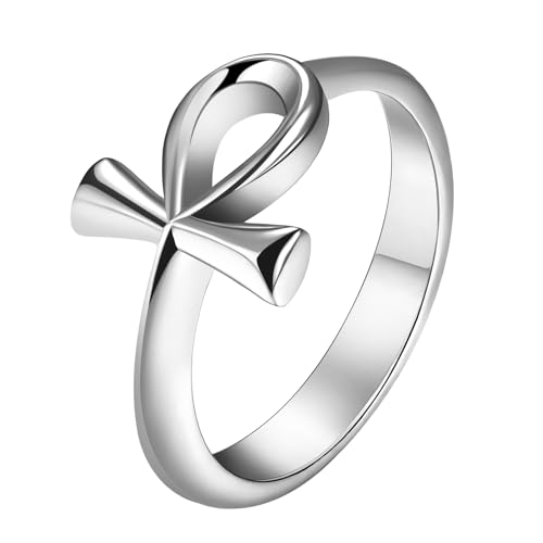 Cupimatch Ankh Ringe Ägyptisches Kreuzring: Edelstahl Vintage Cross Fingerring Silber Schlüssel des Lebens Religiöse Siegelringe Retro Amulett Schmuck für Männer Frau Ägypten-Liebhaber Größe 63 von Cupimatch