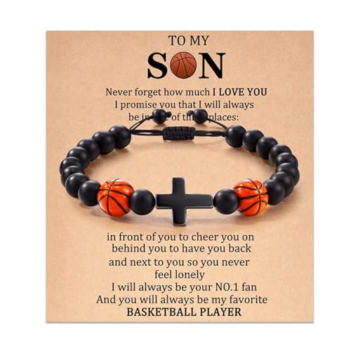 Cupimatch Armband Basketball für Teenager: Natursteinperlen Kreuz Armband für Jungen Sohn Herren Geschenk zum Geburtstags Abschluss Weihnachten Perlenarmband mit Karte TO MY SON von Cupimatch