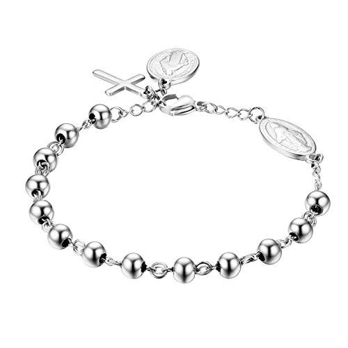 Cupimatch Armband Damen Herren Jungfrau Maria mit Kreuz Anhänger Perlenarmband Armreif Edelstahl Armkette Silber Gold von Cupimatch