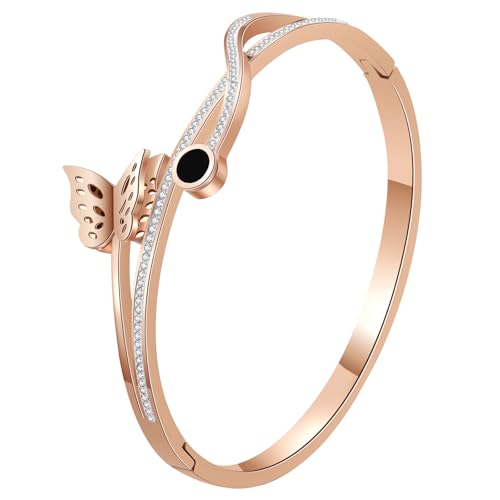 Cupimatch Armband Damen Zirkon Edelstahl: Damen Armreif mit Schmetterling Glänzendes Damenarmband Mädchen Doppelter Armschmuck Geschenk für Geburtstag Hochzeit Jahrestag Valentinstag von Cupimatch