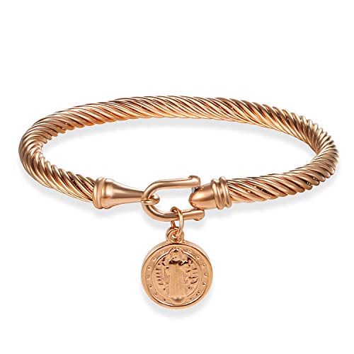 Cupimatch Armband Edelstahl Religiöse Armspange: Kabel Armreif Damen Herren Armband Exorzismus Heilige Schmuck Geschenk für Frauen Männer zu Geburtstag Valentinstag Rosegold von Cupimatch