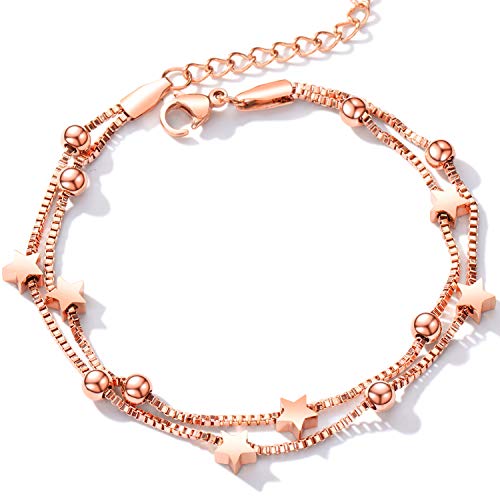 Cupimatch Armband Frauen Fein Pentagramm Edelstahl Doppelte Kette Verstellbar Damen Arm Schmuck, Rosegold von Cupimatch