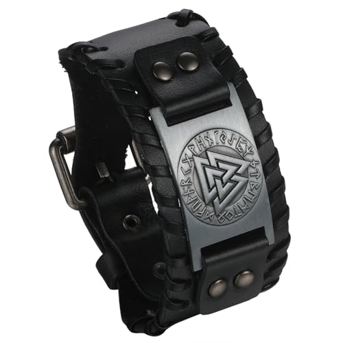 Cupimatch Wikinger Armband Leder Herren: 38mm Breites Nordisches Runen Wolfskopf Lederarmband Retro Punk Verstellbar Manschettenarmband Vintage Amulett Schmuck Geschenk für Vater Sohn Bruder, Schwarz von Cupimatch