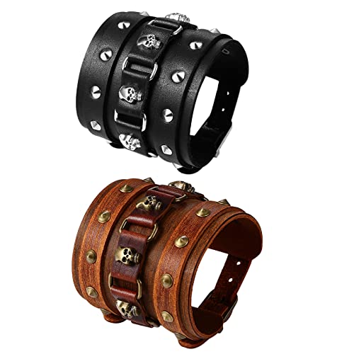 Cupimatch Armband Herren Breites Lederarmband: Wickelarmband Geflochten Manschettenarmband Punk Rock Skull Verstellbare Hand Wrap Gothic Armreif Geschenk für Männer Jungen Schwarz Braun von Cupimatch