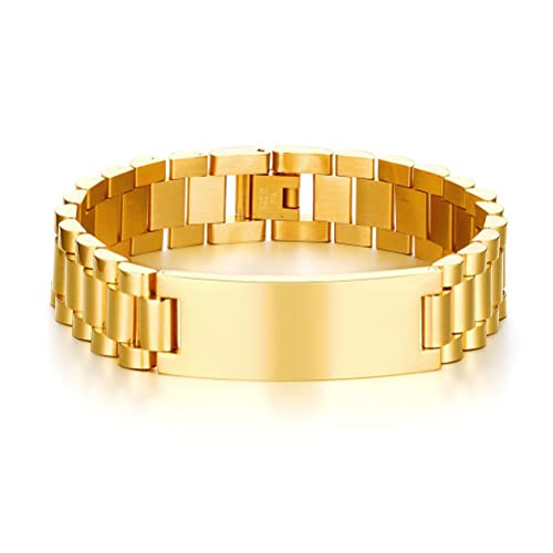 Cupimatch Armband Herren mit Gravur breit, Edelstahl Poliert Gliederarmband Armreif gold Geschenk für Männer Vater Bruder, Gold von Cupimatch