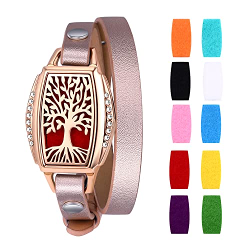Cupimatch Aromatherapie Damen Armband Lebensbaum Edelstahl Hohl Rund Medaillon Armreif Aroma Locket Diffuser Duftstofflocket mit 10Pcs Baumwolltuch Rosegold Rosegold von Cupimatch