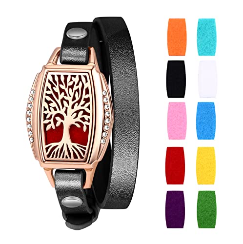 Cupimatch Aromatherapie Damen Armband Lebensbaum Edelstahl Hohl Rund Medaillon Armreif Aroma Locket Diffuser Duftstofflocket mit 10Pcs Baumwolltuch Rosegold Schwarz von Cupimatch