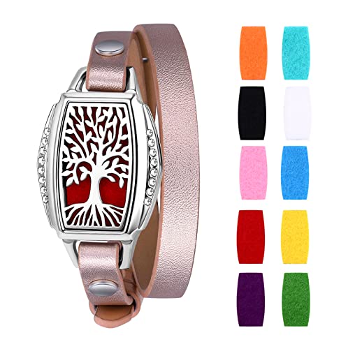 Cupimatch Aromatherapie Damen Armband Lebensbaum Edelstahl Hohl Rund Medaillon Armreif Aroma Locket Diffuser Duftstofflocket mit 10Pcs Baumwolltuch Silber Rosegold von Cupimatch