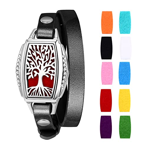 Cupimatch Aromatherapie Damen Armband Lebensbaum Edelstahl Hohl Rund Medaillon Armreif Aroma Locket Diffuser Duftstofflocket mit 10Pcs Baumwolltuch Silber Schwarz von Cupimatch