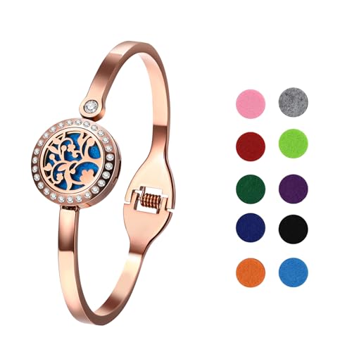 Cupimatch Aromatherapie Damen Armband Lebensbaum: Rosegold Armreif Duftarmband zum Öffnen mit Aromatherapie Lebensbaum Armband mit 10Pcs Baumwolltuch Geschenke für Frauen Mädchen von Cupimatch
