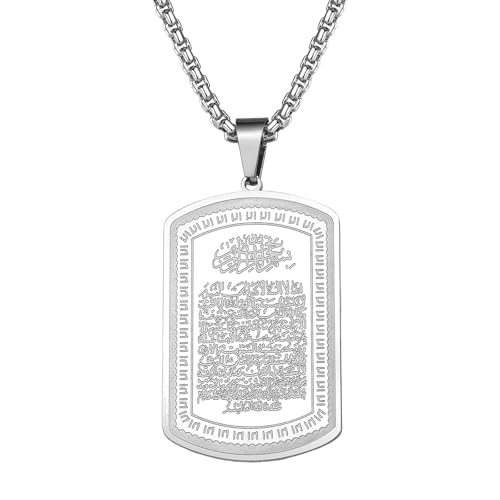 Cupimatch Ayatul Kursi Halskette Männer: Edelstahl Islamischer Kalligraphie Anhänger Koranische Erkennungsmarken Muslimische Allah Dogtagkette Ramadan Eid Amulett Schmuck für Herren Damen, silber von Cupimatch