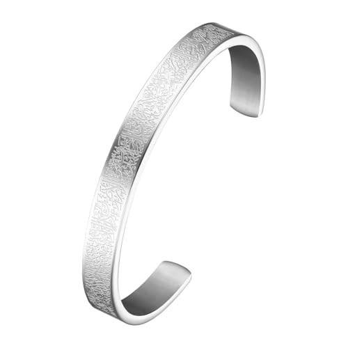 Cupimatch Ayatul Kursi Offenes Armband: Edelstahl Muslim Koran Allah Armreif Verstellbare Islamische Armbänder mit Arabischer Kalligraphie Amulett Schmuck Eid Geschenke für Frauen Männer, Silber von Cupimatch