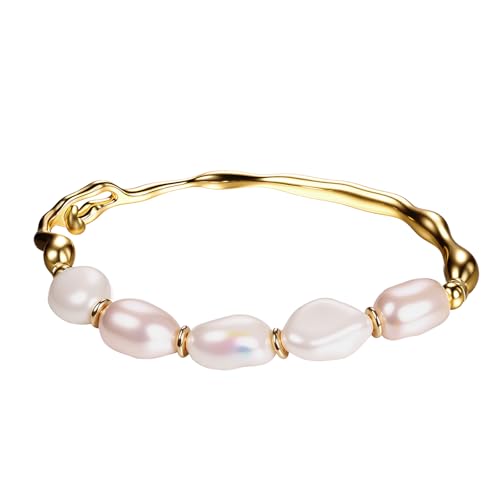 Cupimatch Boho Barock Perlenarmband Damen: Elegant 14K Vergoldeter Armreif aus Messing mit Süßwasserperlen 16,5cm Verstellbares Damenarmband Vintage Schmuck Geschenk für Frauen Freundin Mädchen von Cupimatch
