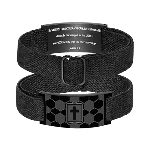 Cupimatch Christliches Armband für Männer: Schwarzes Fußball Kreuzarmband Josua 1:9 Gravur Armreif Verstellbares Edelstahl Elastisches Sportarmband Glaubensgeschenk für Herren Jungen von Cupimatch