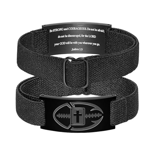 Cupimatch Christliches Armband für Männer: Schwarzes Fußball Kreuzarmband mit Bibelvers Josua 1:9 Gravur Armreif Verstellbares Edelstahl Elastisches Sportarmband Glaubensgeschenk für Herren Jungen von Cupimatch