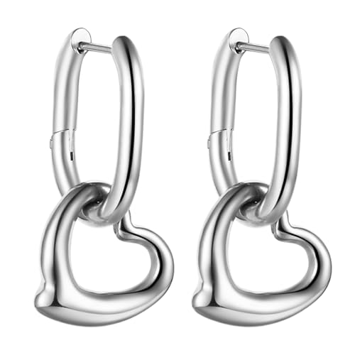 Cupimatch Creolen Ohrring für Damen: Exquisite Edelstahl Quadratische Ohrringe Büroklammer Huggie Creolen Herz Anhänger Ohrringe Earrings Geschenke für Frauen Mädchen Silber von Cupimatch