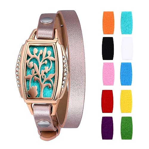 Cupimatch Damen Armband Aromatherapie Armband Rosegold Schwarz Silber Lebensbaum Edelstahl Hohl Rund Medaillon Armreif Aroma Locket Diffuser Duftstofflocket mit 8Pcs Baumwolltuch von Cupimatch