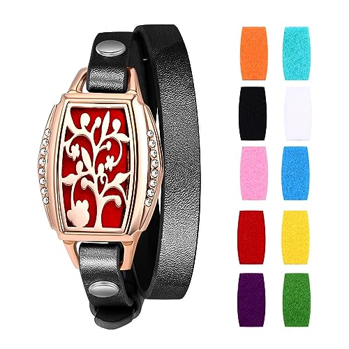Cupimatch Damen Armband Aromatherapie Armband Schwarz Rosegold Silber Lebensbaum Edelstahl Hohl Rund Medaillon Armreif Aroma Locket Diffuser Duftstofflocket mit 8Pcs Baumwolltuch von Cupimatch
