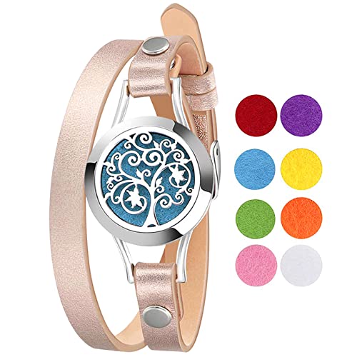 Cupimatch Aromatherapie Damen Armband Lebensbaum Edelstahl Hohl Rund Medaillon Armreif Aroma Locket Diffuser Duftstofflocket mit 10Pcs Baumwolltuch von Cupimatch