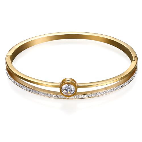 Cupimatch Damen Armband Edelstahl Armspange: Gold Armreif Damen Armband mit Strasssteinen Geschenke für Frauen Mädchen zu Geburtstag Valentinstag von Cupimatch