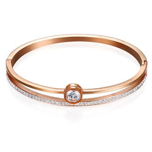 Cupimatch Damen Armband Edelstahl Armspange: Rosegold Armreif Armband mit Strasssteinen Geschenke für Frauen Mädchen zu Geburtstag Valentinstag von Cupimatch