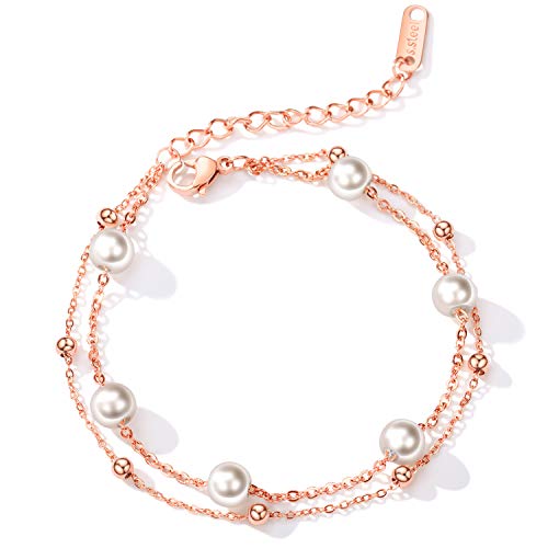 Cupimatch Damen Armband Elegant Armreifen mit Perlen Verstellbar Doppelte Kugel-Ketten Edelstahl Armkettchen, Rosegold von Cupimatch