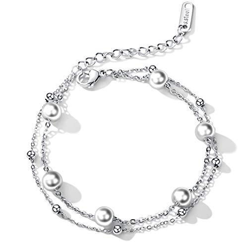 Cupimatch Damen Armband Elegant Armreifen mit Perlen Verstellbar Doppelte Kugel-Ketten Edelstahl Armkettchen, Silber von Cupimatch