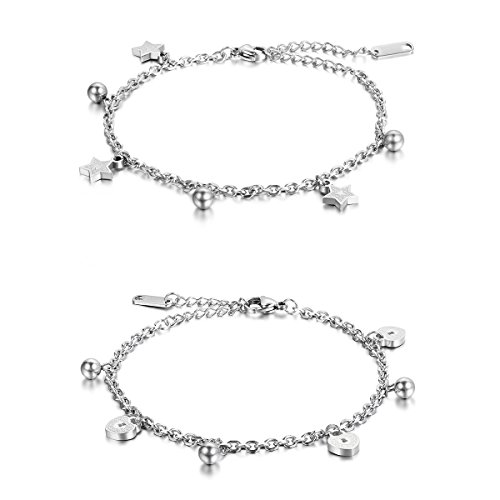 Cupimatch Damen Armband Fußkette Herzchen Sternen Kugel Armkette Silber Rosegold Armreif, Doppelt Kette Armband für Frauen Mädchen von Cupimatch