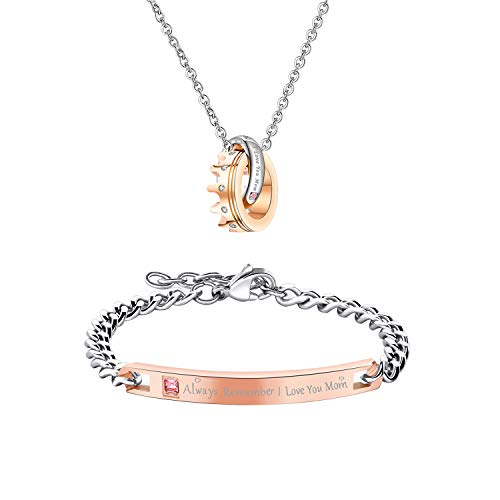 Cupimatch Damen Armband Halskette Schmuck-Set, Edelstahl Armreif Armkette mit Gravur „Always Remember I love you Mom“ und Krone Ringe Anhänger Kette Set, Rosegold von Cupimatch