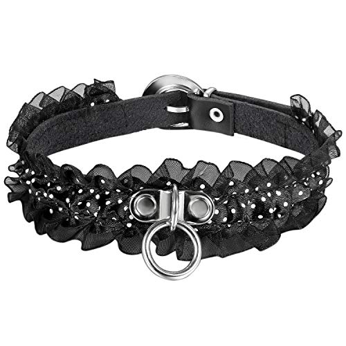 Cupimatch Damen Choker Halskette O-Ring Schwarz Spitze Kette Sexy Leder Halsband Länge Verstellbar Band Schmuck von Cupimatch