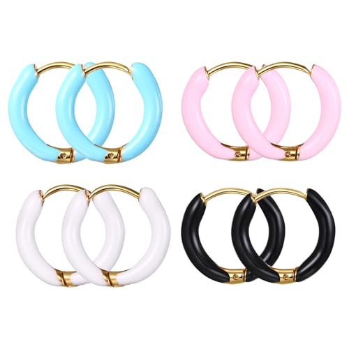 Cupimatch Damen Emaille Umarmung Hoop-Ohrringe: 4 Paare Edelstahl Runde kleine Creolen Set Elegant College-Stil Umarmungs-Ohrringe Mädchen Ohrstecker, Rosa/Blau/Schwarz/Weiß von Cupimatch