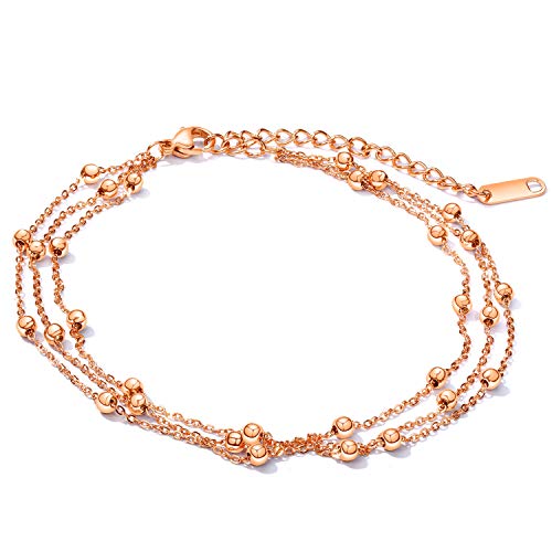 Cupimatch Damen Fußkette Fein Schöner Kugel Edelstahl Multi-Kette Verstellbar Fusskettchen 21cm, Rosegold, Silber von Cupimatch