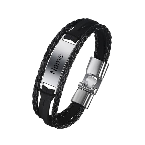 Cupimatch Personalisiertes Armband mit Gravur für Männer und Frauen | PU Leder Metall Armband Schwarz Weiß Braun Länge 20 cm | Personalisierte Armbänder mit Namen für Herren Damen von Cupimatch