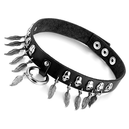 Cupimatch Damen Herren Choker, Leder schwarz einstellbar Kropfband Halskette mit Totenkopf Schädel Feder, Gotik Punk Rock Stil mit Lederband Druckknopfverschluss von Cupimatch