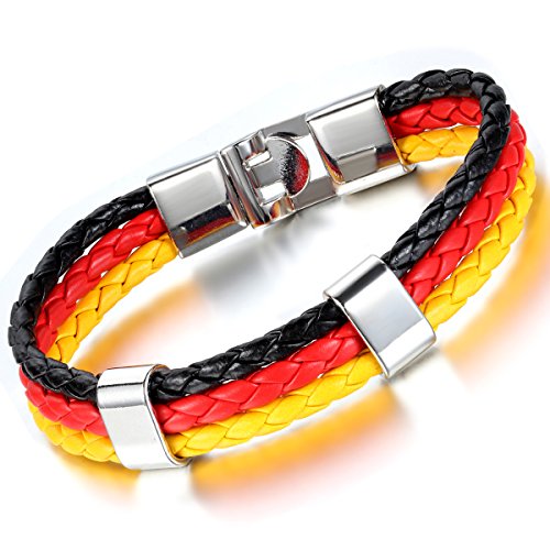 Cupimatch Leder Armband Damen Herren mit Schwarzrotgoldenen Fahne Deutsch Flagge Emblem, geflochten Weltmeisterschaft Manschette Kordelarmband Armband, schwarz rot gelb von Cupimatch