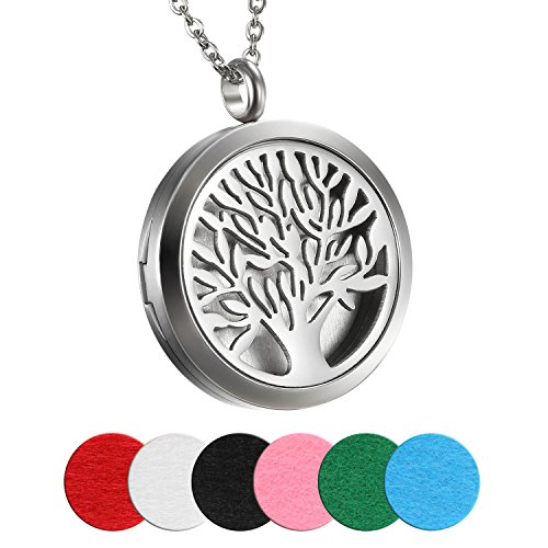 Cupimatch Damen Herren Retro Aromatherapie Diffusor Anhänger, Edelstahl Lebensbaum Locket Medaillon Anhänger 45cm Halskette mit 6 Pads, silber von Cupimatch