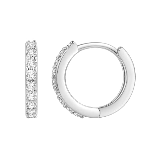 Cupimatch Damen Ohrringe mit Zirkonia: 14mm Silberne Kleine Huggie Creolen 925 Sterling Silber Ohrnadeln Hypoallergene Ohrstecker Elegant Glänzende Kristall Kreolen Geburtstag Abschluss Party Geschenk von Cupimatch
