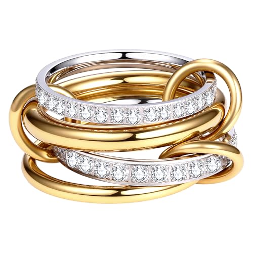 Cupimatch Damen Ring Set Golden:14K Vergoldeter Edelstahl Stapelring mit Zirkonia Elegant Mehrfachring Cocktailring Schmaler Fingerring 2mm/3mm Modeschmuck für Frauen Mädchen, Größe 52 von Cupimatch